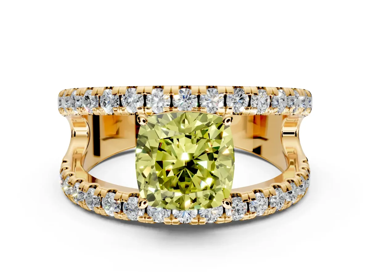 Solitaire Engagement Ring Setting for Fancy Yellow Cushion Cut Center with Wide-Open Split Shank and Prong Head in Yellow Gold