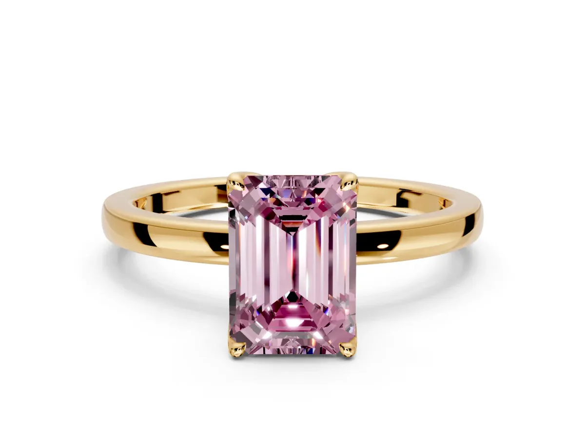 Solitaire Engagement Ring Setting for Fancy Pink Emerald Cut Center with Thin Rounded Plain Band and Prong Head in Yellow Gold