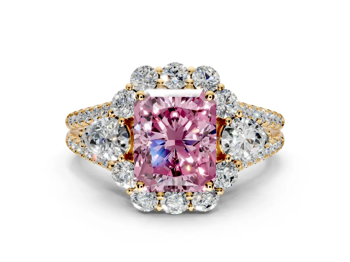 Halo Engagement Ring Setting for Fancy Pink Radiant Cut Center with Two-Strand Split Shank and Prong Head in Yellow Gold