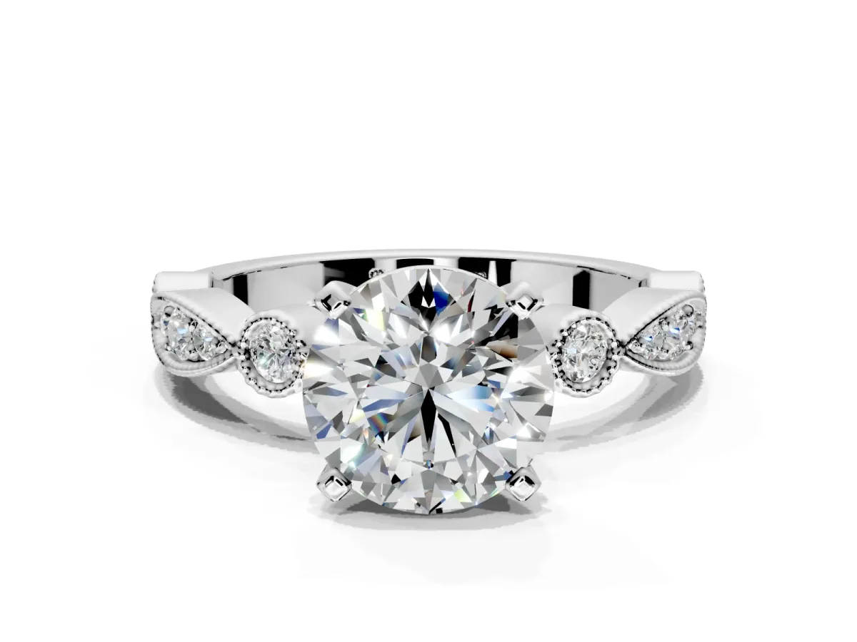 Solitaire Engagement Ring Setting for Round Cut Center with Milgrain Bezel Accents and Prong Head in Platinum