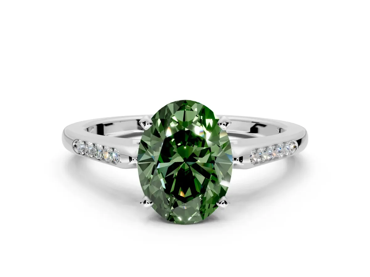 Solitaire Engagement Ring Setting for Fancy Green Oval Center with Channel Accents and Prong Head in White Gold