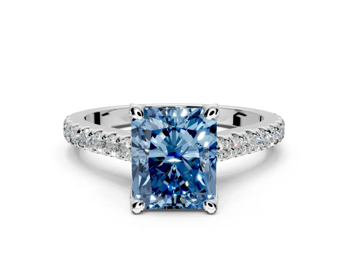 Solitaire Engagement Ring Setting for Fancy Blue Radiant Cut Center with Widening Pave Band and Claw Prong Head in White Gold