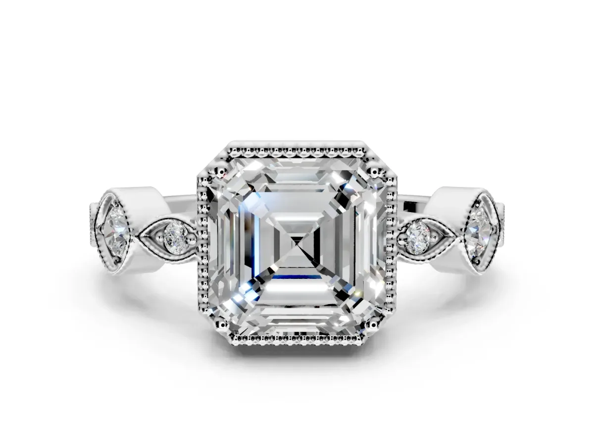 Vintage Station Engagement Ring Setting for Asscher Cut Center with Accents and Prong Head in Platinum