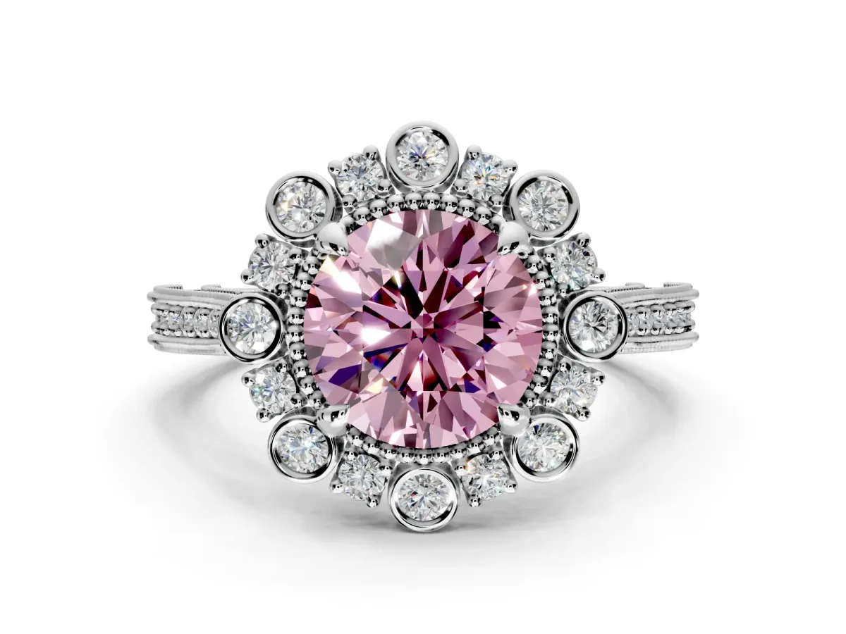 Milgrain Halo Engagement Ring Setting for Fancy Pink Round Cut Center with Bezel Point Accents and Prong Head in Platinum