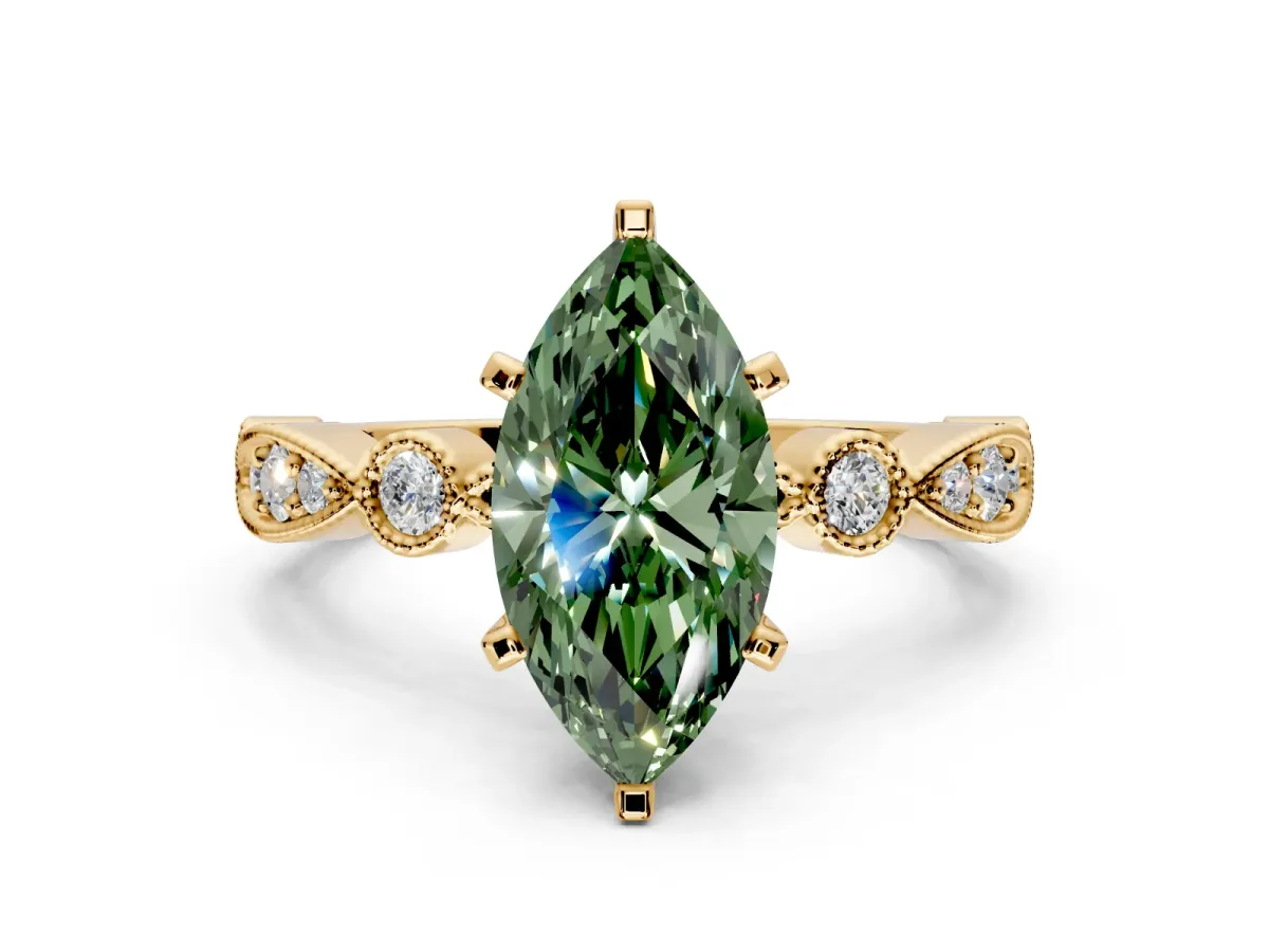 Solitaire Engagement Ring Setting for Fancy Green Marquise Center with Milgrain Bezel Accents and Prong Head in Yellow Gold