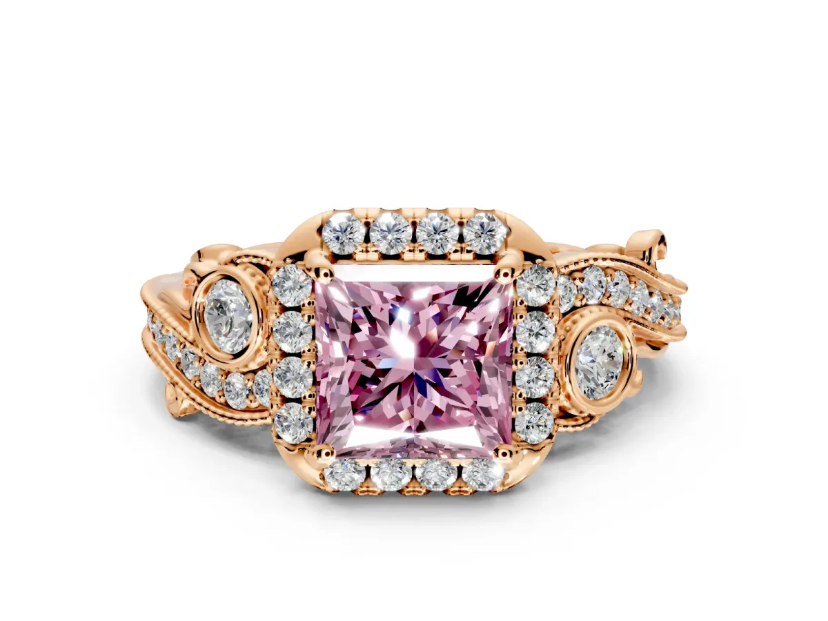 Bypass Halo Engagement Ring Setting for Fancy Pink Princess Cut Center with Bezel Accents, Milgrain and Prong Head in Rose Gold
