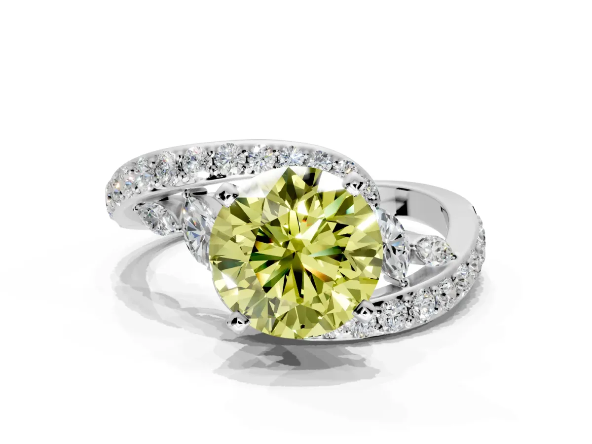 Solitaire Engagement Ring Setting for Fancy Yellow Round Cut Center with Pave Bypass Twist Band and Prong Head in Platinum