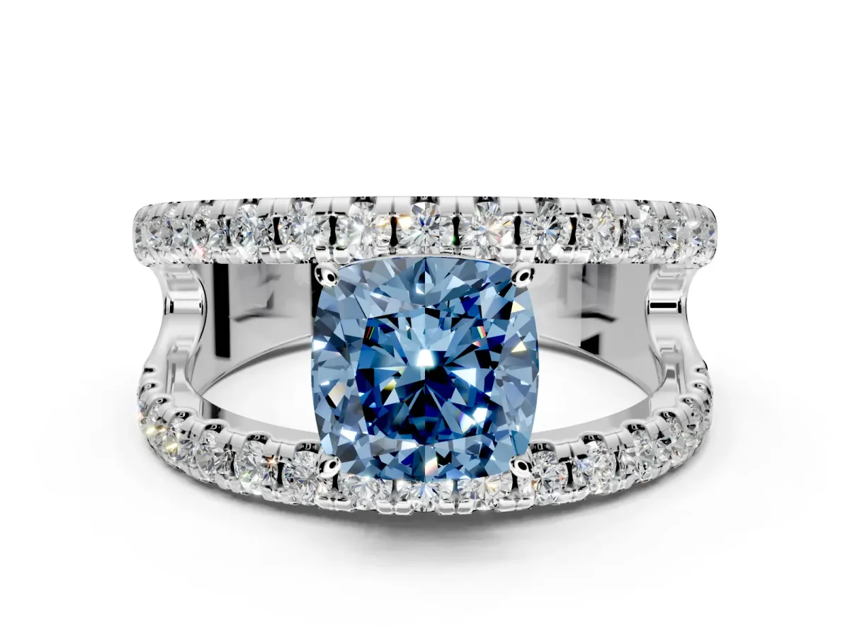 Solitaire Engagement Ring Setting for Fancy Blue Cushion Cut Center with Wide-Open Split Shank and Prong Head in Sterling Silver