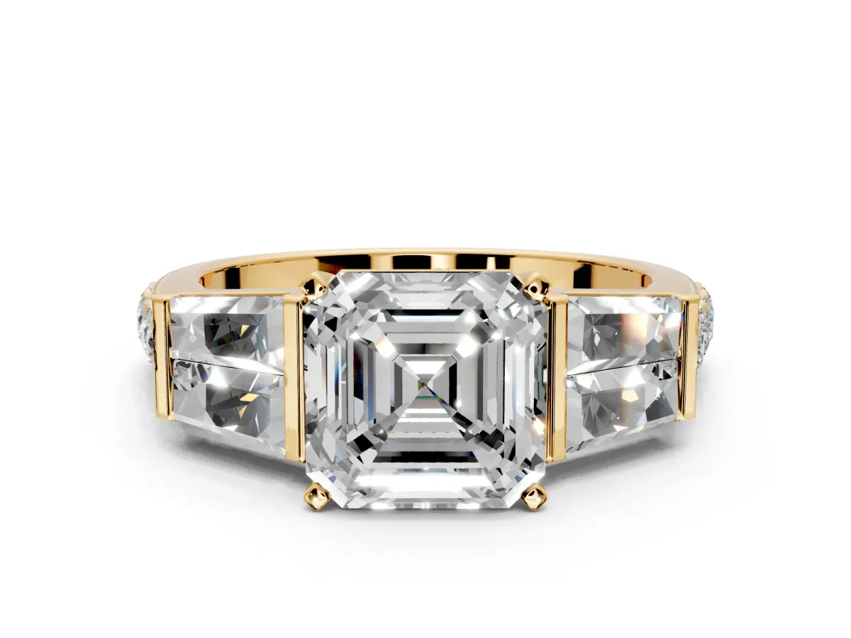 Channel-Set Engagement Ring Setting for Asscher Cut Center with Baguette Band and Prong Head in Yellow Gold