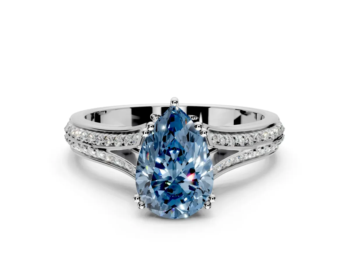 Solitaire Engagement Ring Setting for Fancy Blue Pear-Shaped Center with Pave Rail Split Shank and Prong Head in Sterling Silver