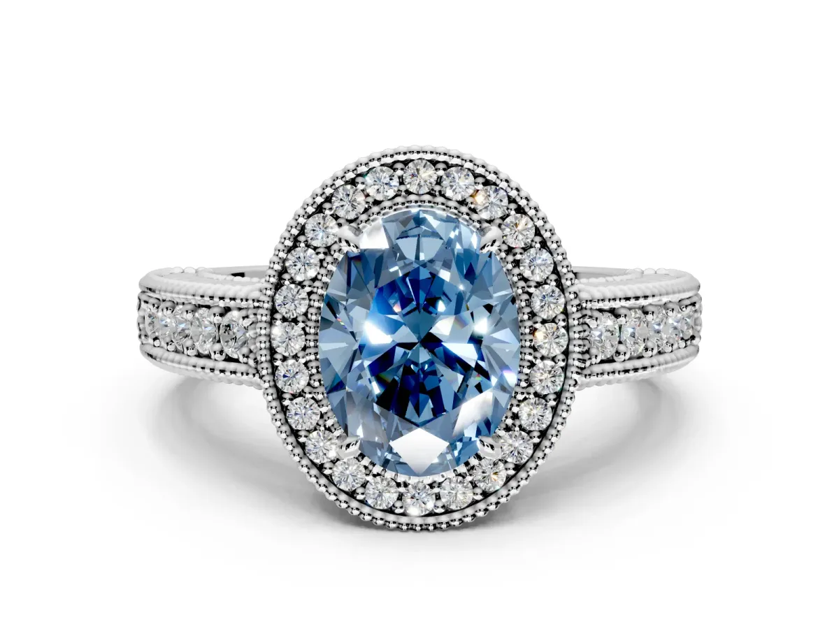 Milgrain Halo Engagement Ring Setting for Fancy Blue Oval Center with Pave Band and Prong Head in Platinum