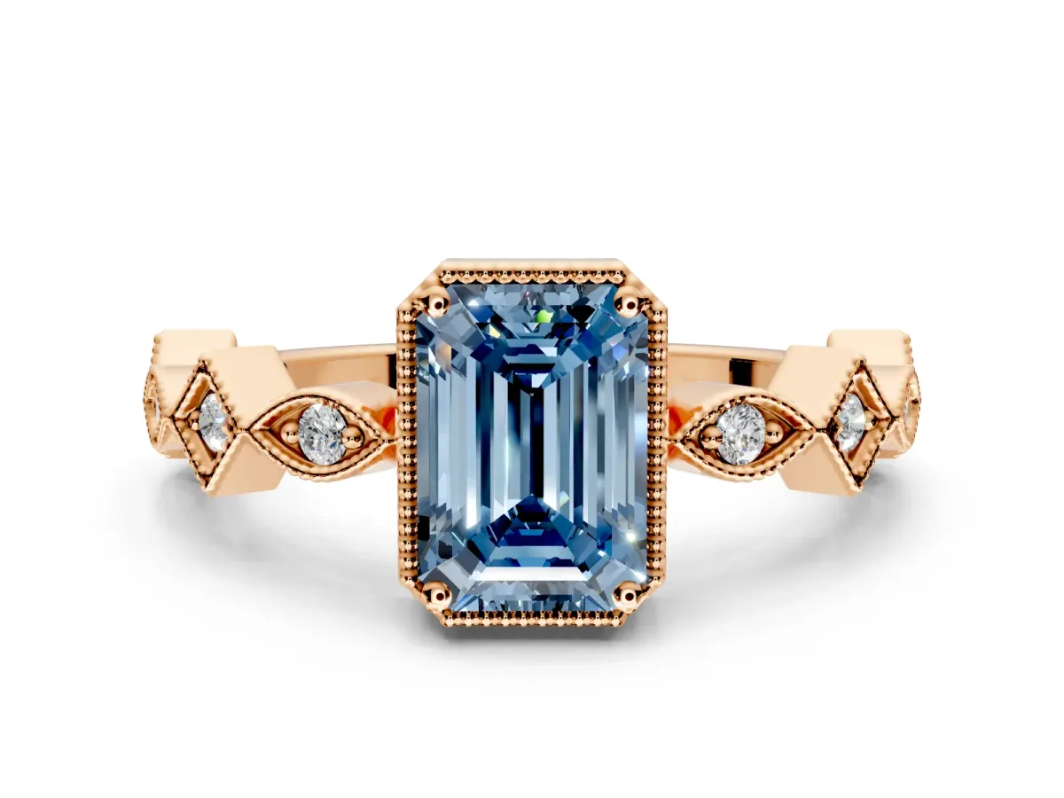 Milgrain Bezel Engagement Ring Setting for Fancy Blue Emerald Cut Center with Marquise Stations and Bezel Head in Rose Gold