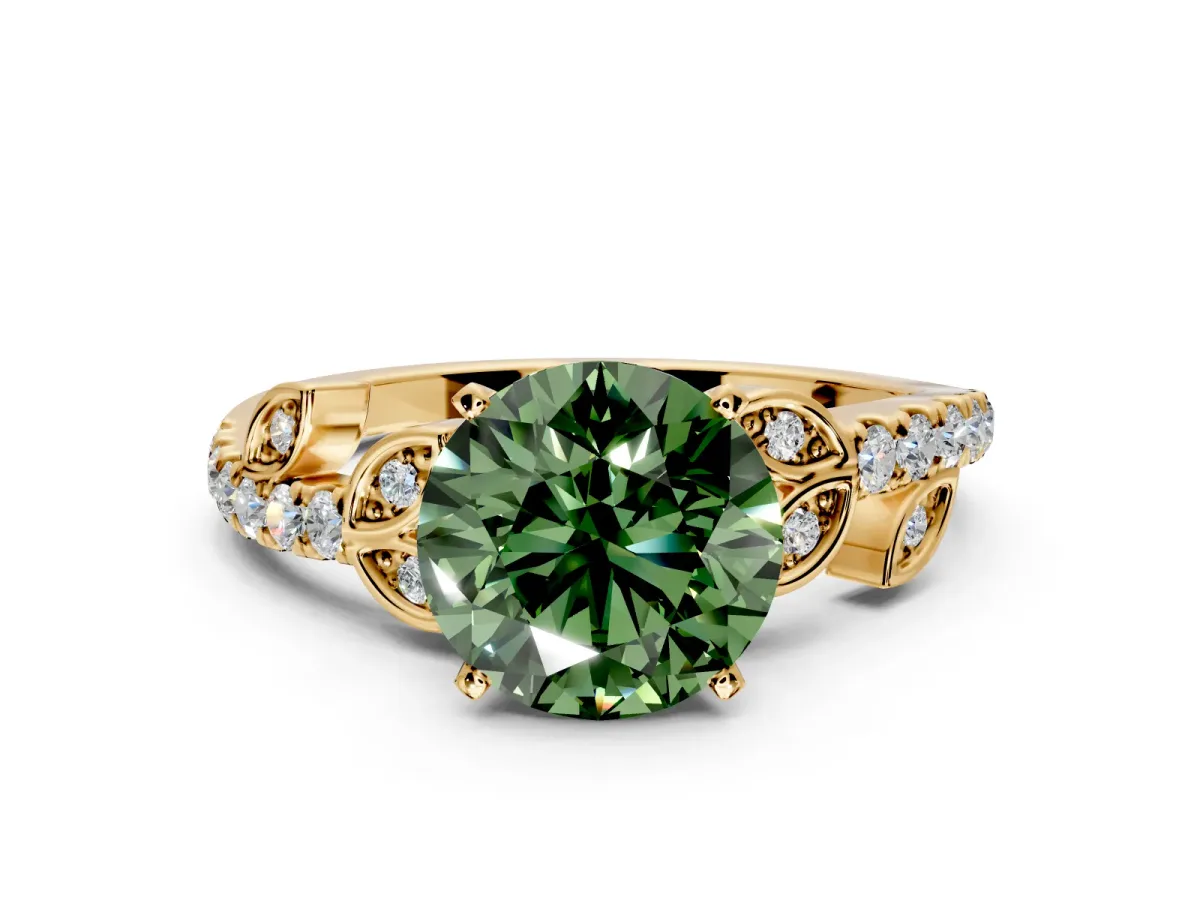 Leaf Motif Engagement Ring Setting for Fancy Green Round Cut Center with Pave Band and Prong Head in Yellow Gold
