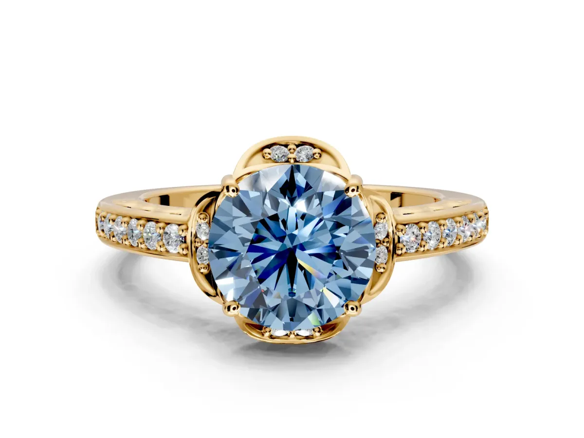 Floral Engagement Ring Setting for Fancy Blue Round Cut Center with Four Accent Clusters and Prong Head in Yellow Gold