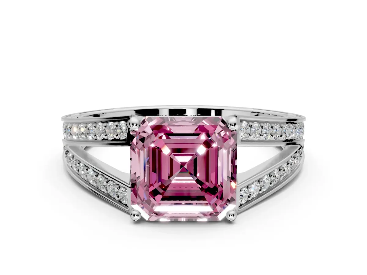 Split Shank Engagement Ring Setting for Fancy Pink Asscher Cut Center with Pave Split Shank and Prong Head in Platinum
