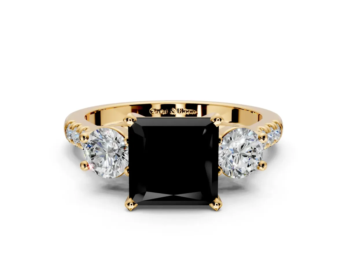 3 Stone Engagement Ring Setting for Fancy Black Princess Cut Center with Crossover Basket, Pave Band and Prong Head in Yellow Gold
