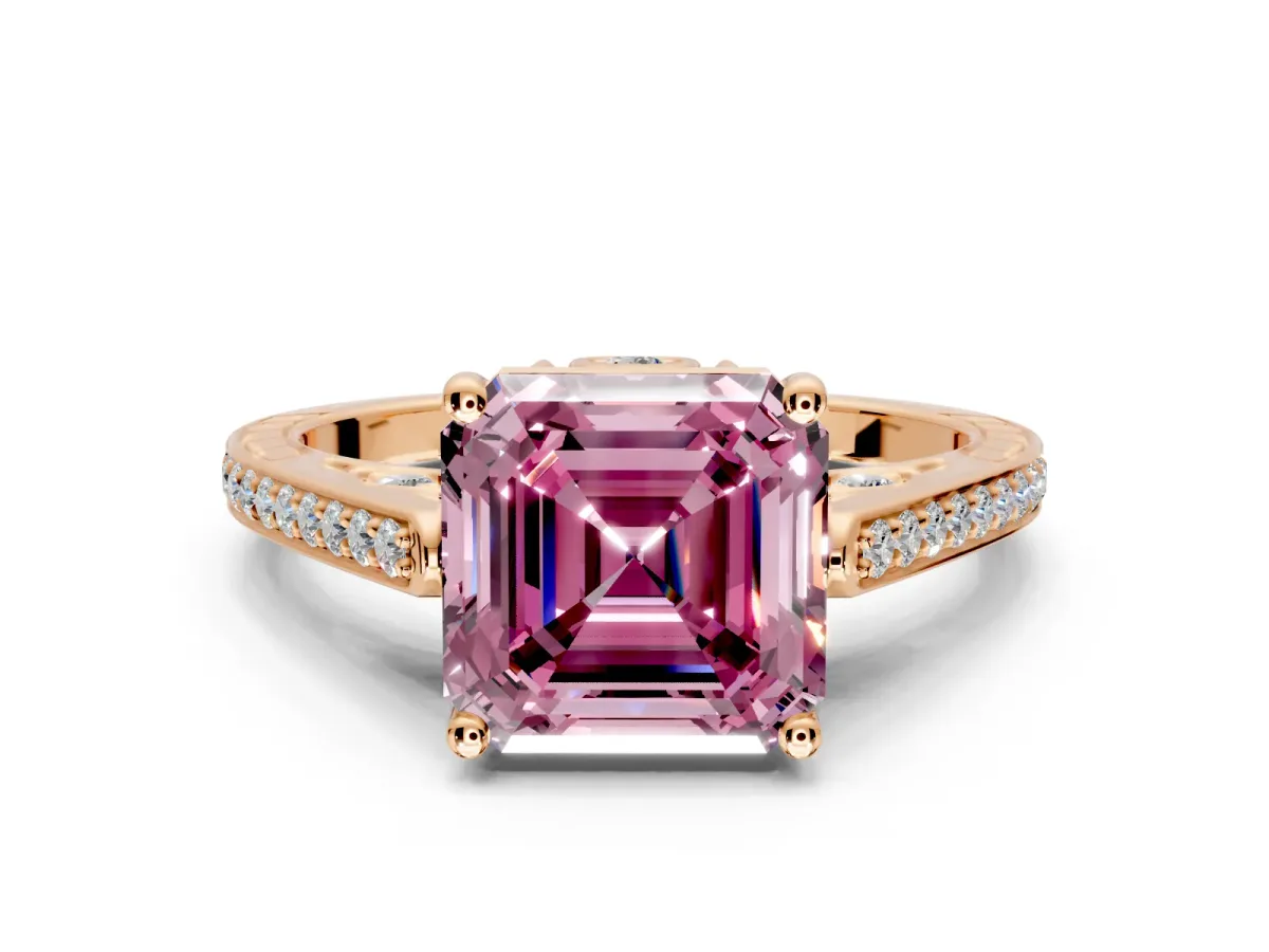 Cathedral Engagement Ring Setting for Fancy Pink Asscher Cut Center with Antique-Style Pave Band and Prong Head in Rose Gold