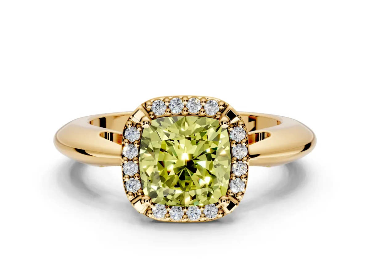 Halo Engagement Ring Setting for Fancy Yellow Cushion Cut Center with Tapered Plain Band and Prong Head in Yellow Gold