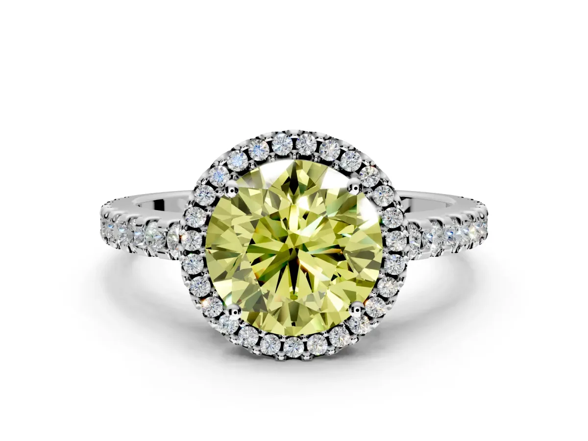 Accent Halo Engagement Ring Setting for Fancy Yellow Round Cut Center with Full-Length Pave Band and Prong Head in Platinum