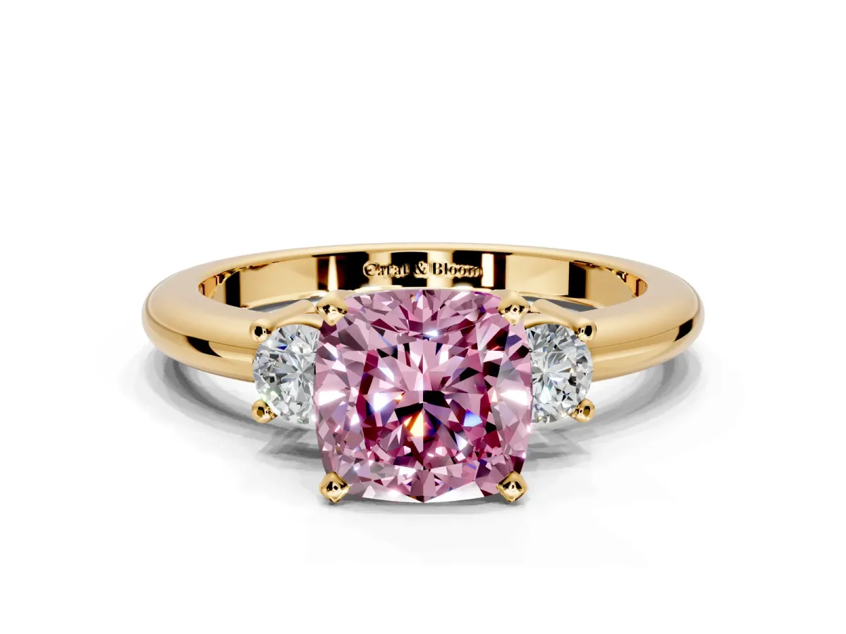 3 Stone Engagement Ring Setting for Fancy Pink Cushion Cut Center with Wide Plain Band and Prong Head in Yellow Gold