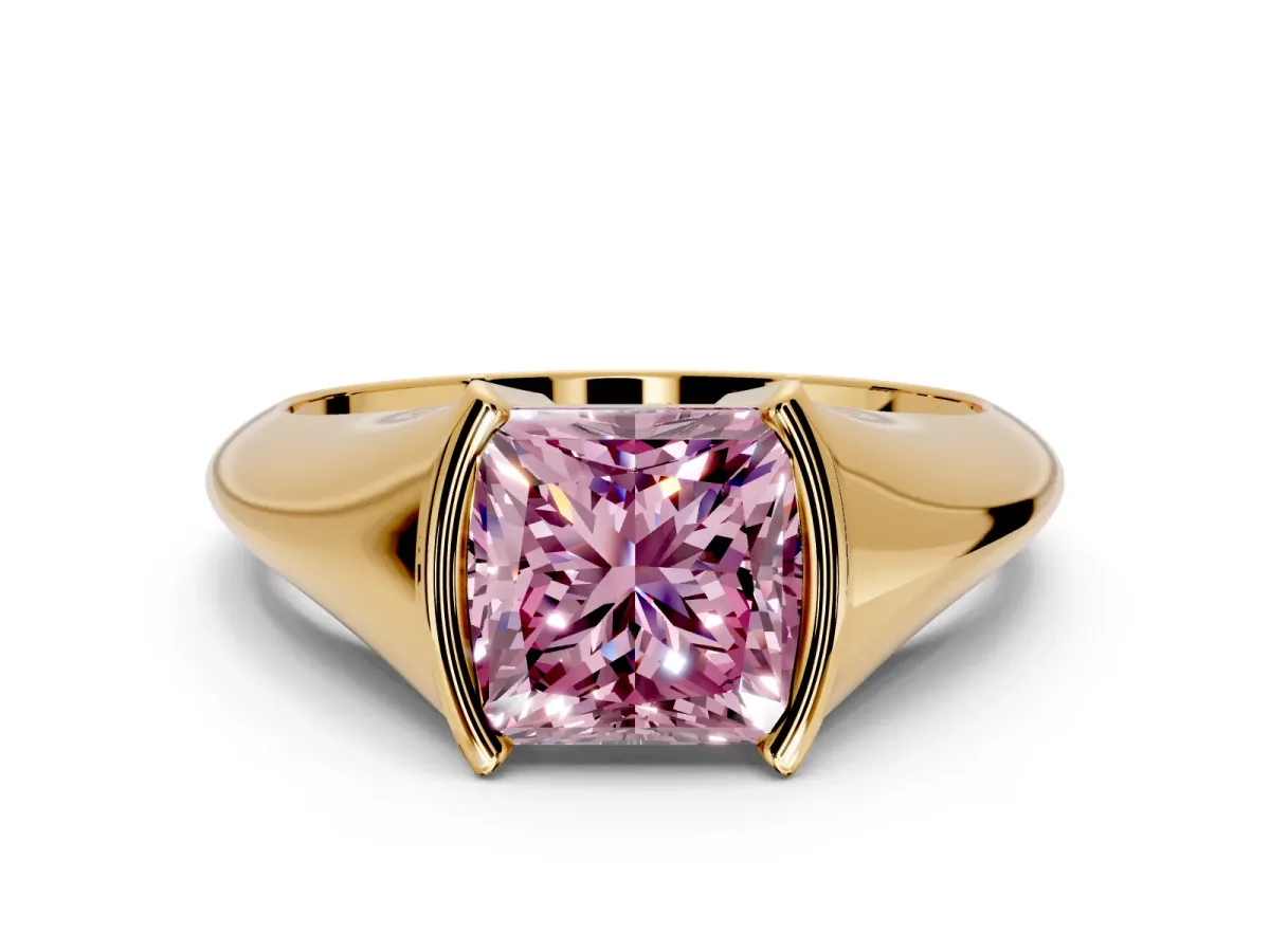 Tension Engagement Ring Setting for Fancy Pink Princess Cut Center with Wide Tapered Band and Tension Head in Yellow Gold