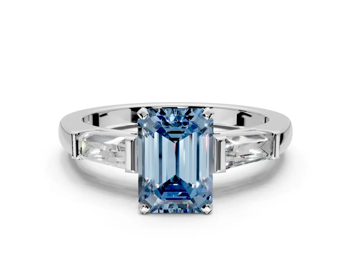 3 Stone Engagement Ring Setting for Fancy Blue Emerald Cut Center with Tapered Baguettes, Plain Band and Prong Head in Platinum