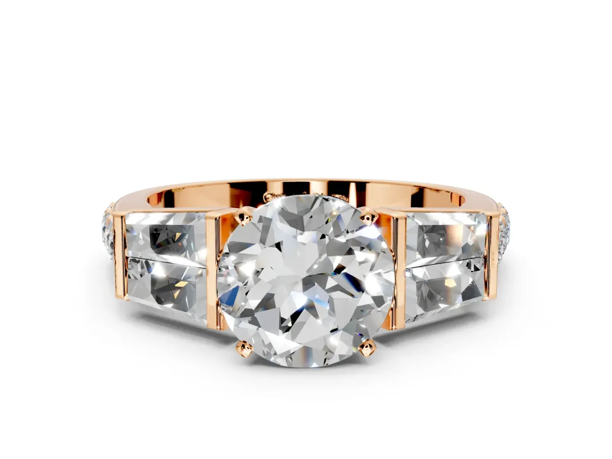 Channel-Set Engagement Ring Setting for Round Cut Center with Baguette Band and Prong Head in Rose Gold