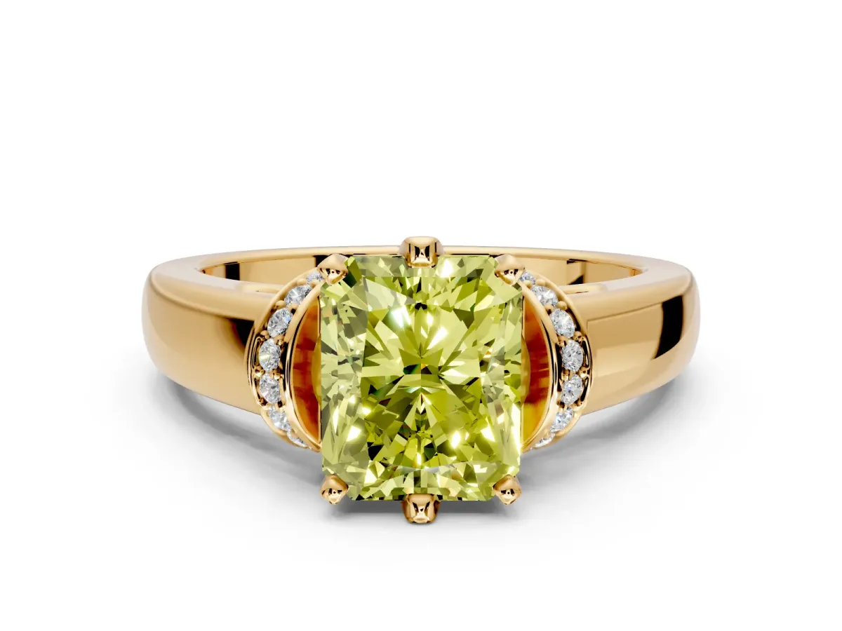 Solitaire Engagement Ring Setting for Fancy Yellow Radiant Cut Center with Wide Band, Pave Collar and Prong Head in Yellow Gold
