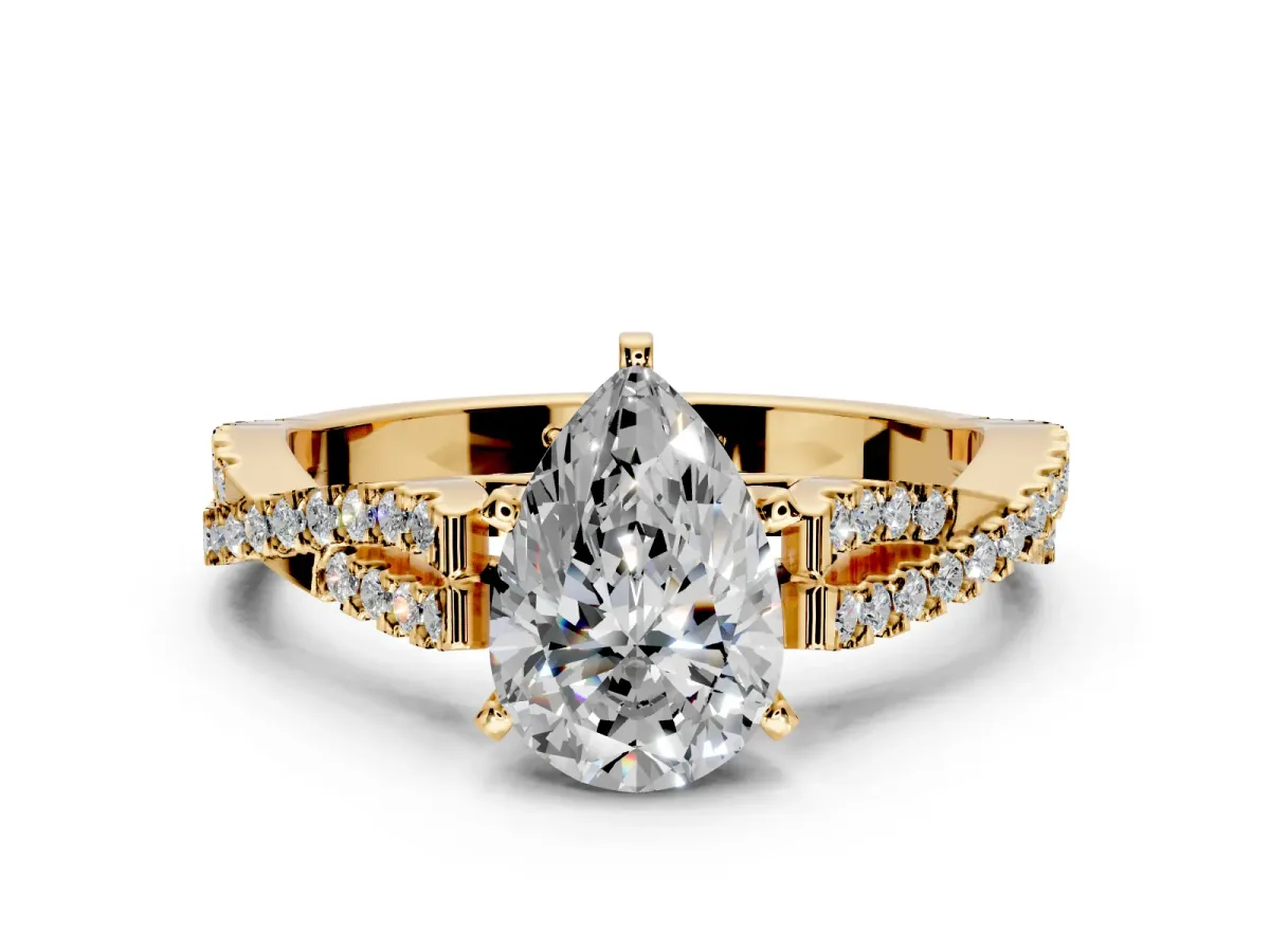 Solitaire Engagement Ring Setting for Pear-Shaped Center with Twisted Pave Split Shank and Prong Head in Yellow Gold