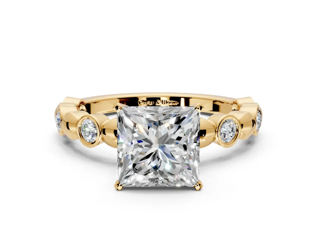 Solitaire Engagement Ring Setting for Princess Cut Center with Beaded Bezel Station Band and Prong Head in Yellow Gold