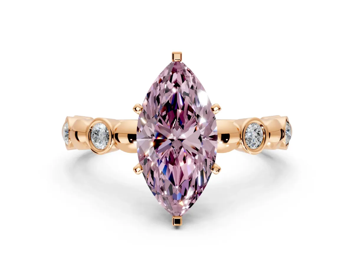 Solitaire Engagement Ring Setting for Fancy Pink Marquise Center with Beaded Bezel Station Band and Prong Head in Rose Gold