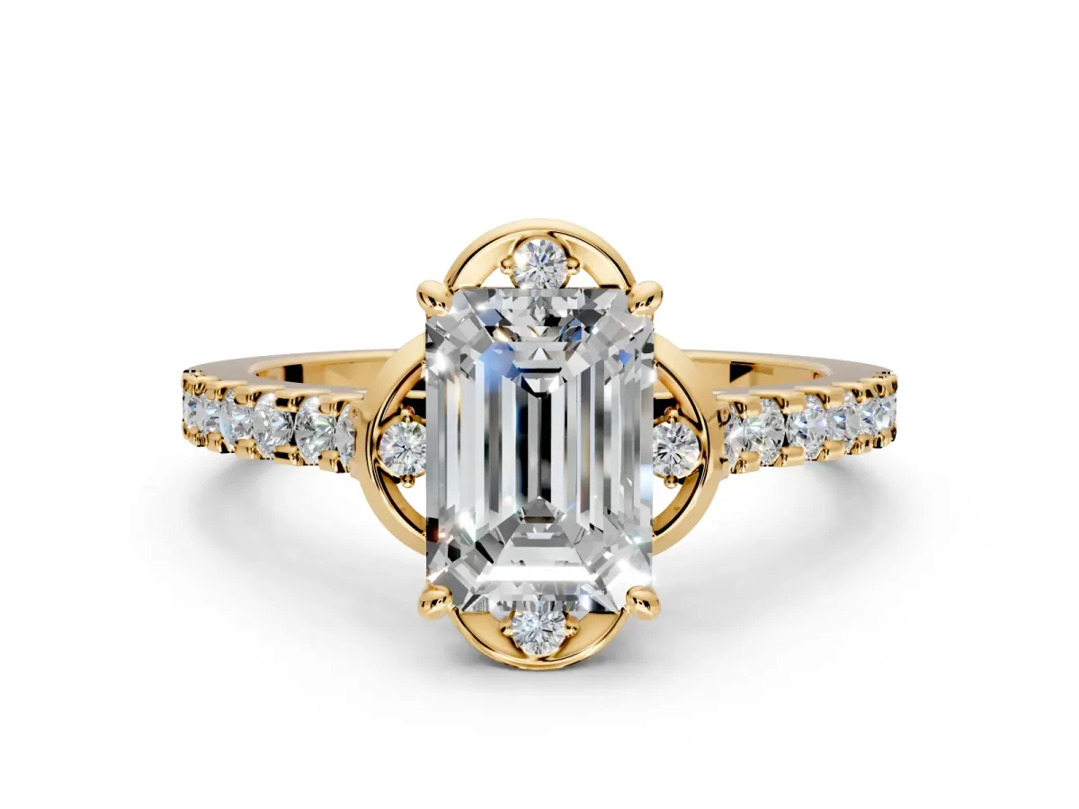 Floral Engagement Ring Setting for Emerald Cut Center with Pave Band and Floral Prong Head in Yellow Gold