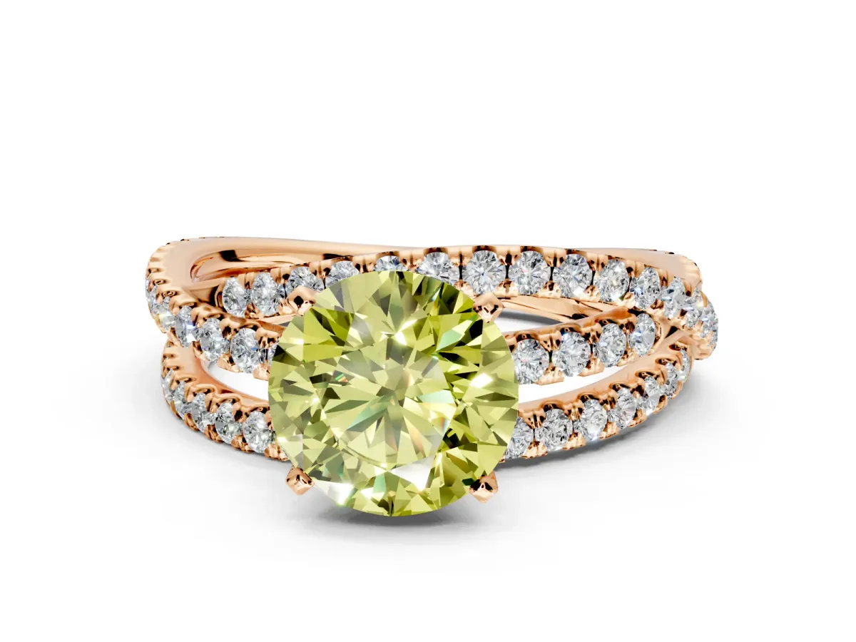 Solitaire Engagement Ring Setting for Fancy Yellow Round Cut Center with Woven 3-Strand Pave Band and Prong Head in Rose Gold