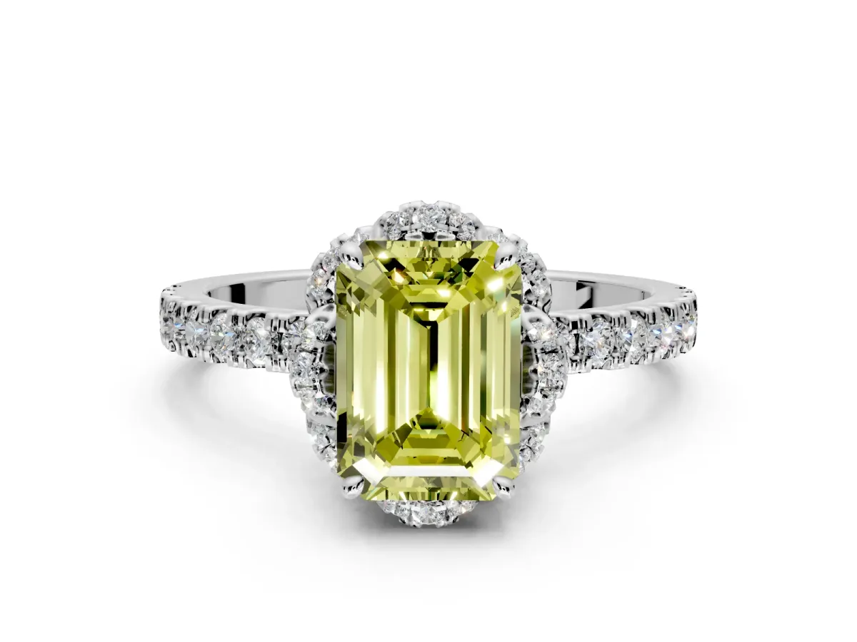 Halo Engagement Ring Setting for Fancy Yellow Emerald Cut Center with Openwork Halo, Pave Band and Prong Head in Sterling Silver