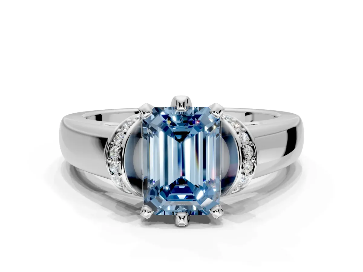 Solitaire Engagement Ring Setting for Fancy Blue Emerald Cut Center with Wide Band, Pave Collar and Prong Head in Sterling Silver
