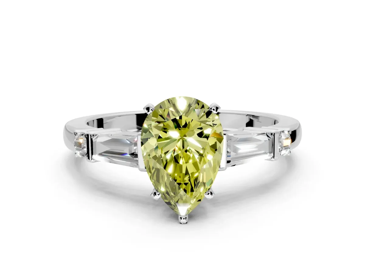 Bar-Set Engagement Ring Setting for Fancy Yellow Pear-Shaped Center with Tapered Baguette Accents and Prong Head in Platinum