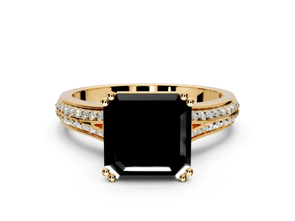 Solitaire Engagement Ring Setting for Fancy Black Asscher Cut Center with Pave Rail Split Shank and Prong Head in Yellow Gold