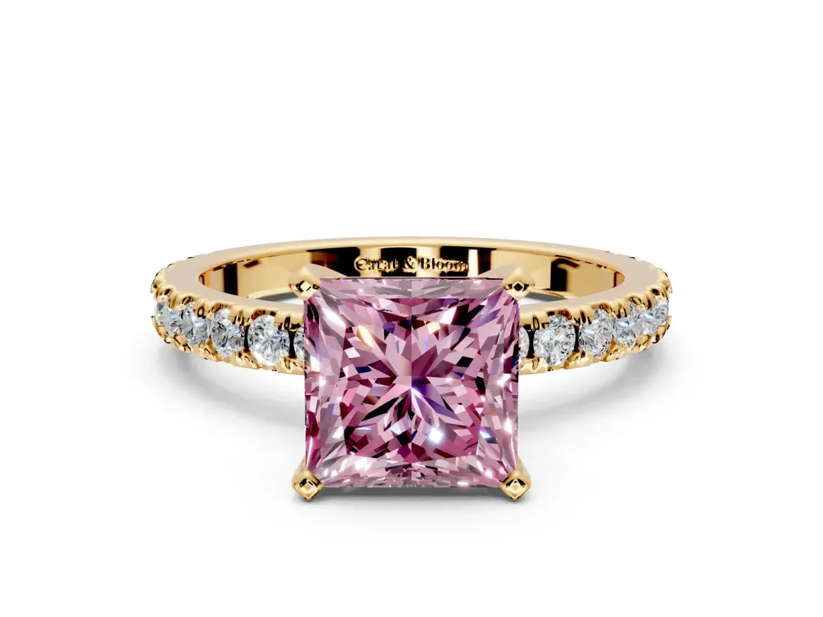 Solitaire Engagement Ring Setting for Fancy Pink Princess Cut Center with Fine Pave Band and Claw Prong Head in Yellow Gold