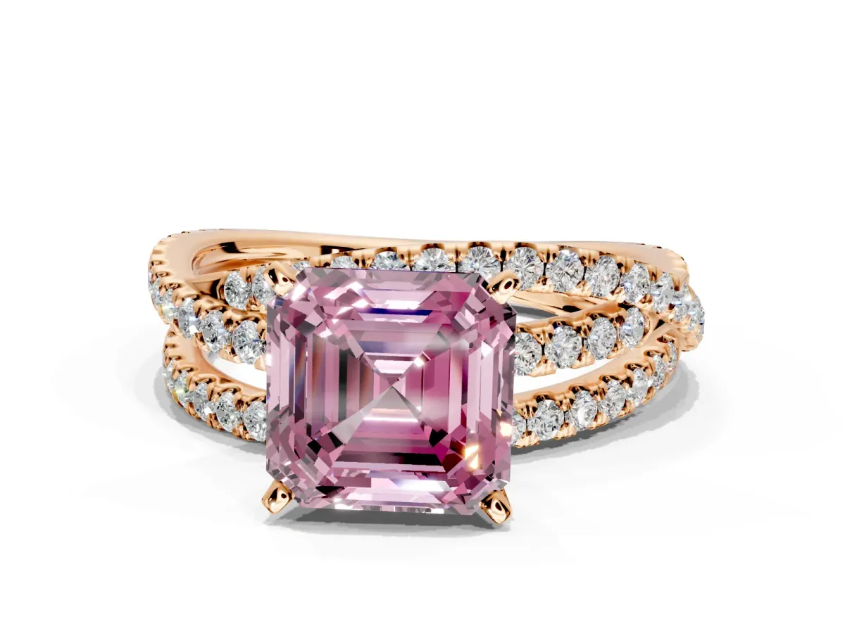 Solitaire Engagement Ring Setting for Fancy Pink Asscher Cut Center with Woven 3-Strand Pave Band and Prong Head in Rose Gold