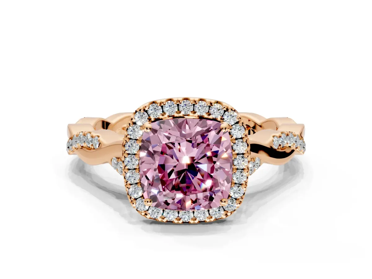 Halo Engagement Ring Setting for Fancy Pink Cushion Cut Center with Twist Band and Prong Head in Rose Gold