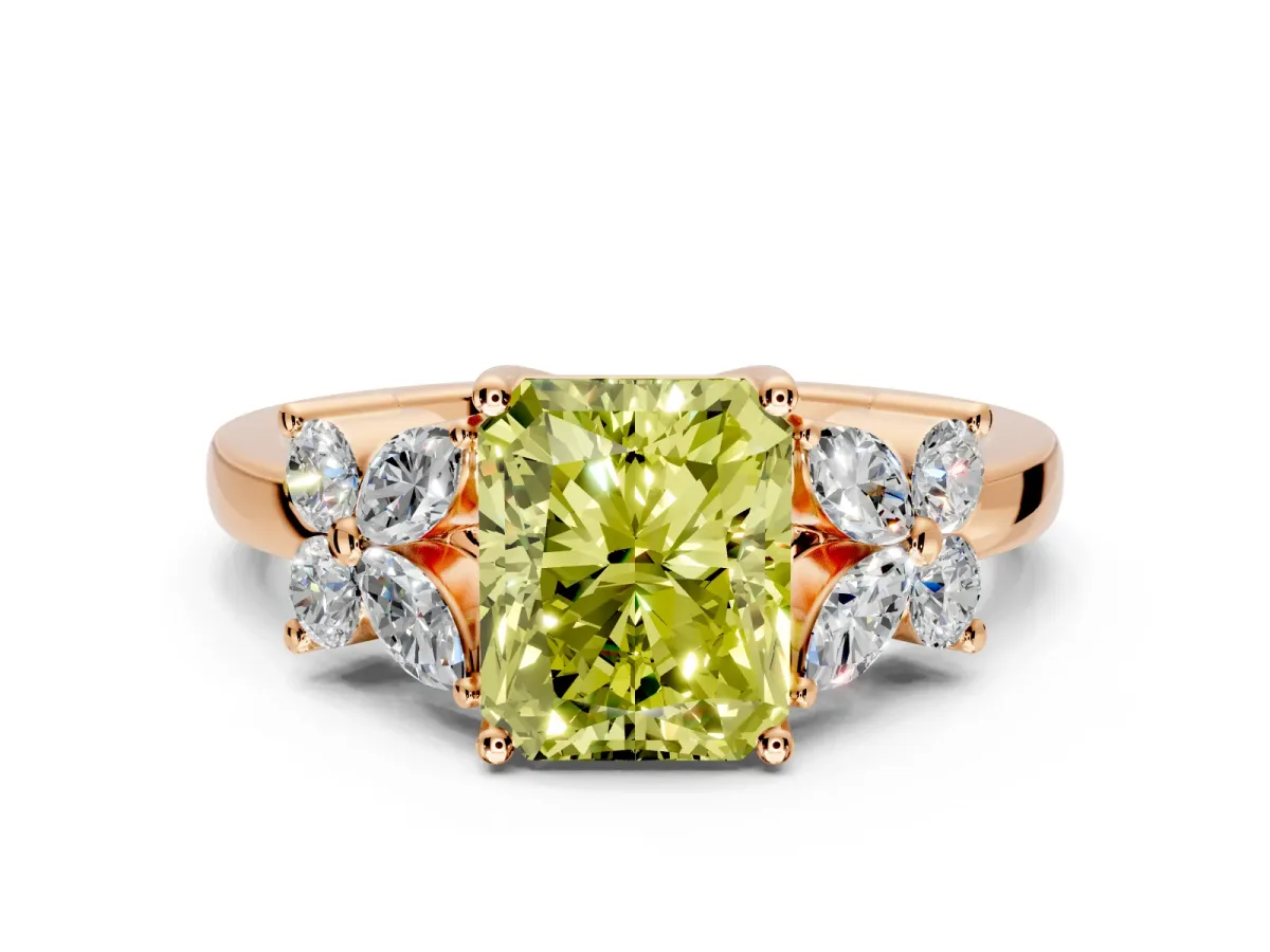 Floral Engagement Ring Setting for Fancy Yellow Radiant Cut Center with Marquise Cluster Shoulders and Prong Head in Rose Gold