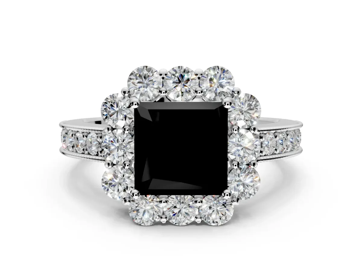 Halo Engagement Ring Setting for Fancy Black Princess Cut Center with Milgrain Channel Band and Prong Head in Sterling Silver