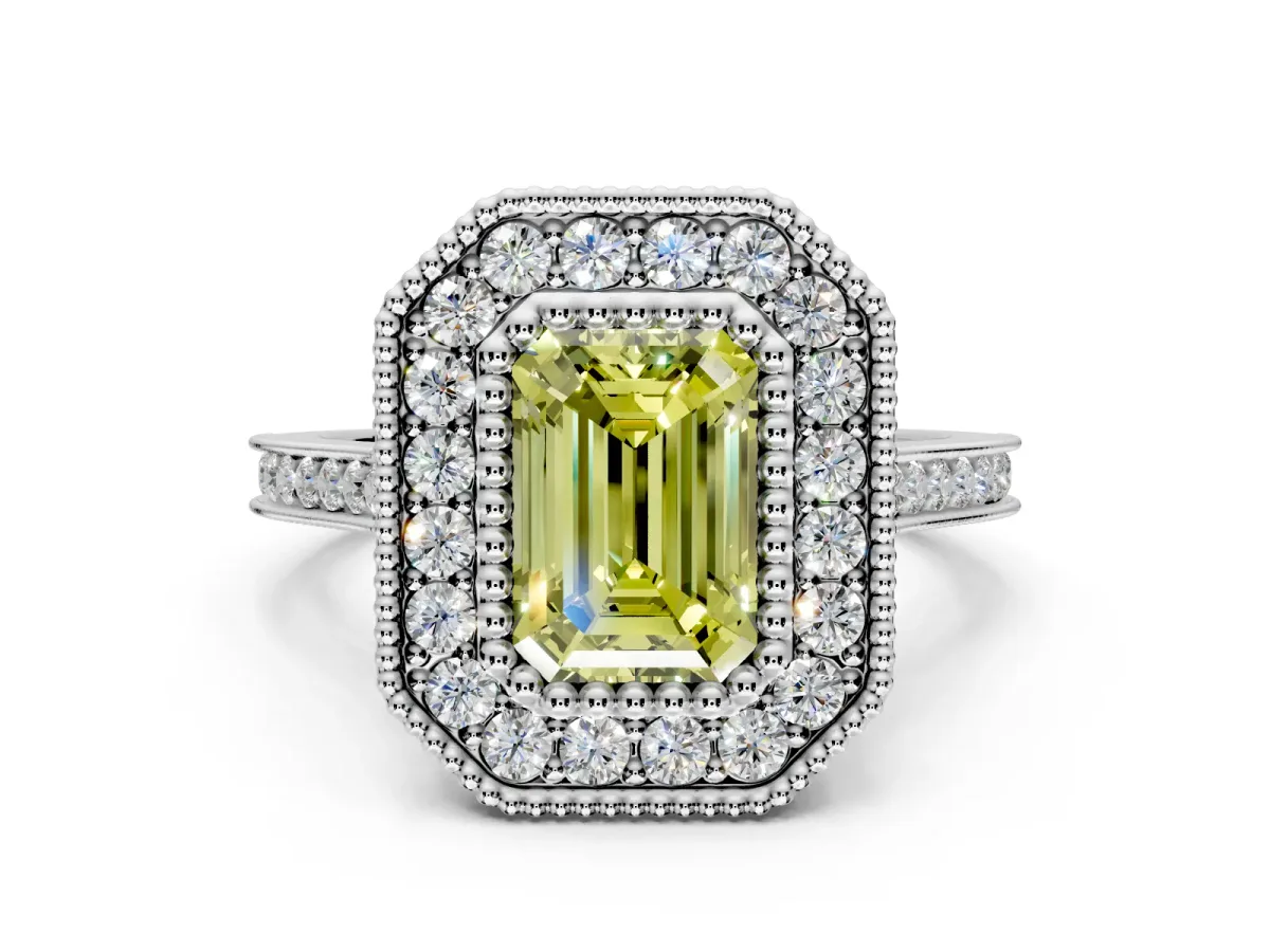 Halo Engagement Ring Setting for Fancy Yellow Emerald Cut Center with Milgrain Frame, Pave Band and Prong Head in Platinum
