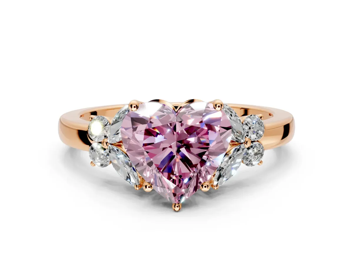 Solitaire Engagement Ring Setting for Fancy Pink Heart-Shaped Center with Marquise Flower Shoulders and Prong Head in Rose Gold