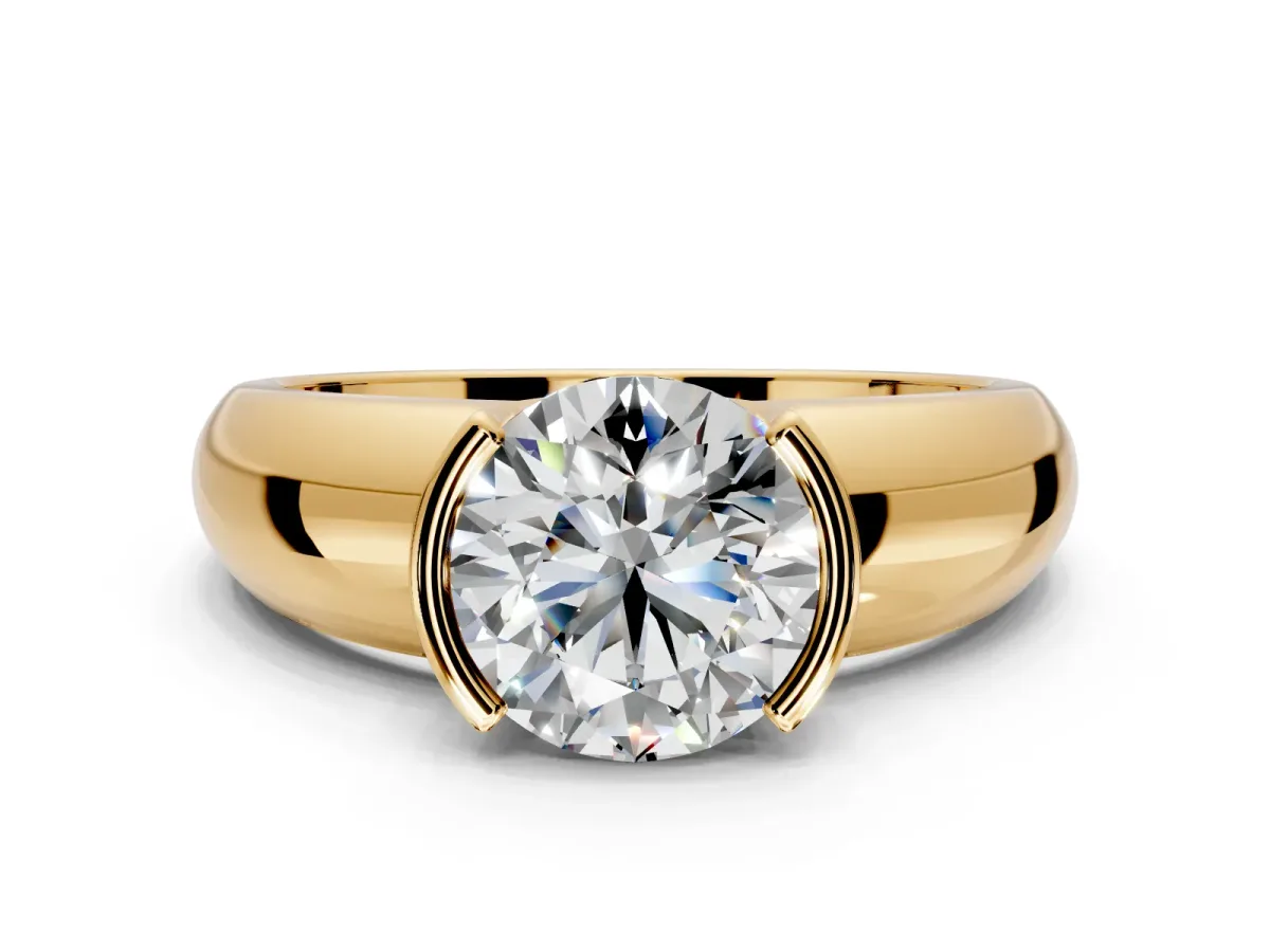 Tension Engagement Ring Setting for Round Cut Center with Wide Flat Band and Tension Head in Yellow Gold