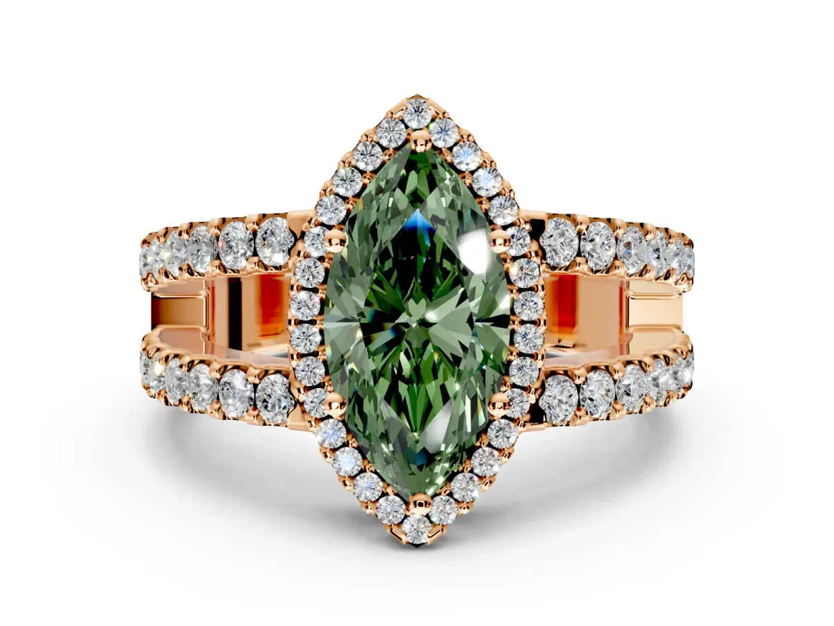 Halo Engagement Ring Setting for Fancy Green Marquise Center with Wide-Open Pave Split Shank and Prong Head in Rose Gold