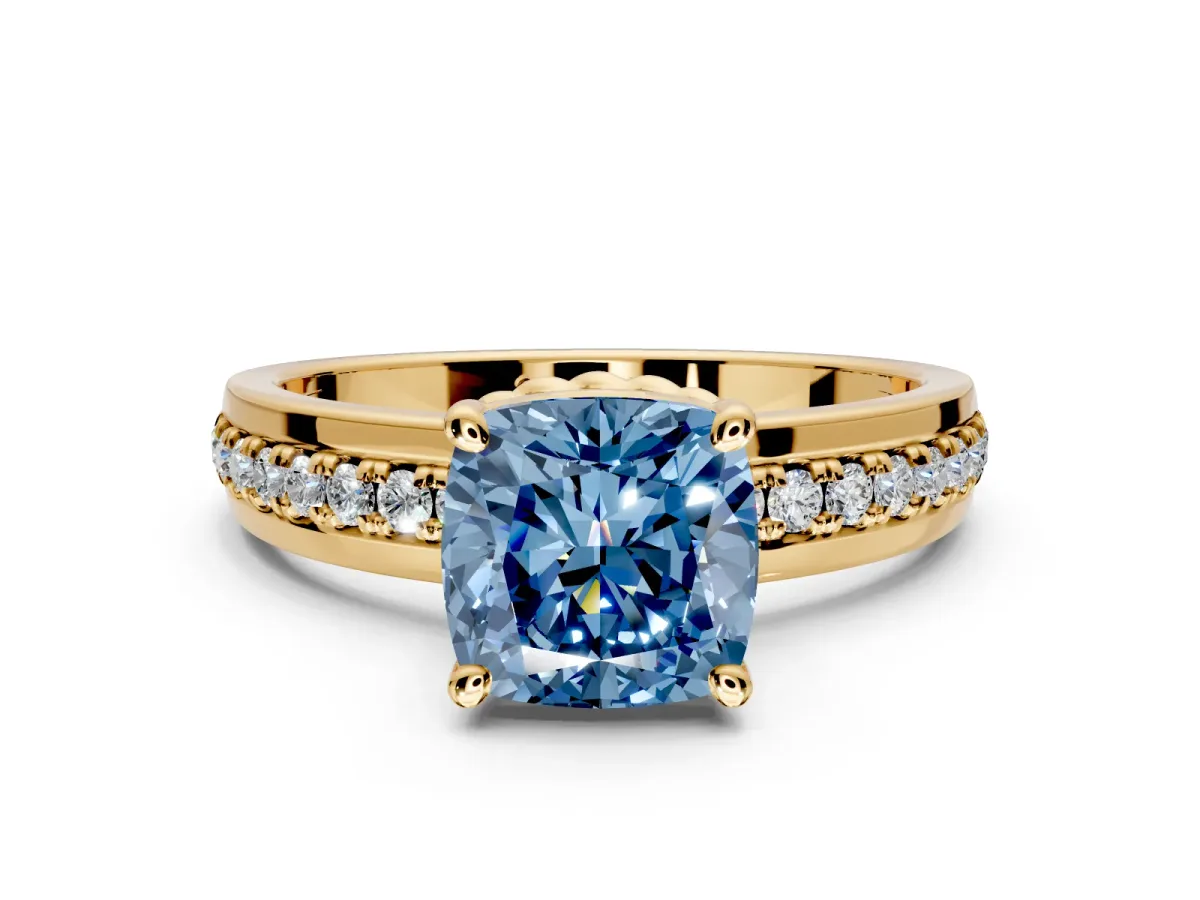 Solitaire Engagement Ring Setting for Fancy Blue Cushion Cut Center with Raised Channel Band and Prong Head in Yellow Gold