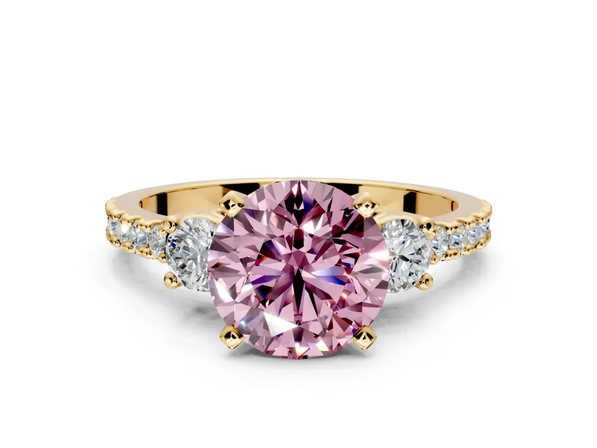 3 Stone Engagement Ring Setting for Fancy Pink Round Cut Center with Round Cut Side Accents and Prong Head in Yellow Gold