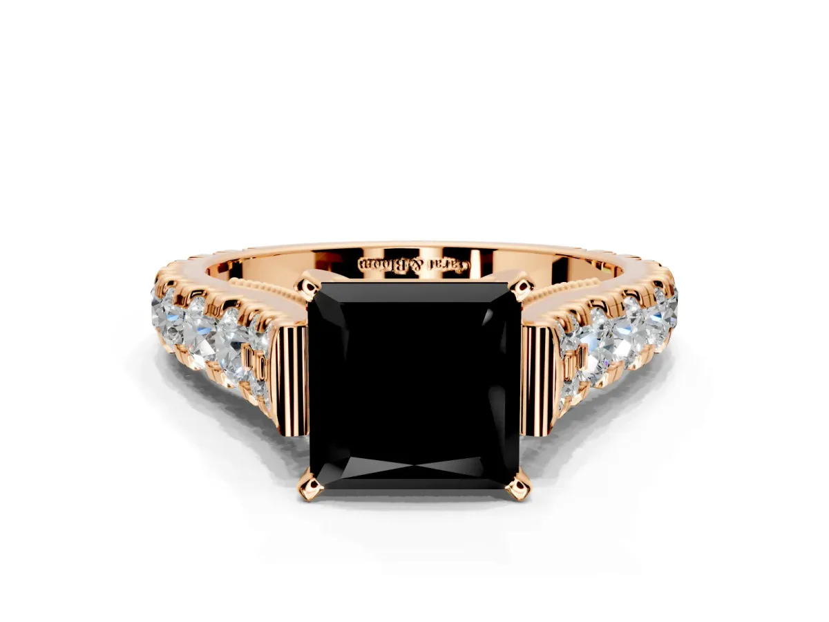 Solitaire Engagement Ring Setting for Fancy Black Princess Cut Center with Pave Cathedral Shoulders and Prong Head in Rose Gold