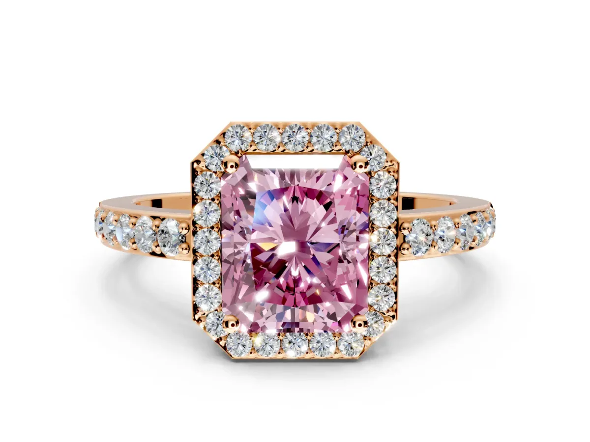 Halo Engagement Ring Setting for Fancy Pink Radiant Cut Center with Heart-Shaped Openwork, Pave Band and Prong Head in Rose Gold